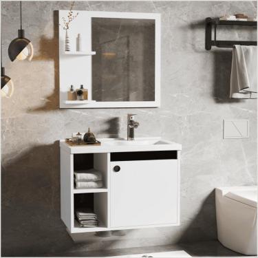 Imagem de Conjunto Gabinete Com Espelheira E Cuba Para Banheiro Éden Branco Com Preto