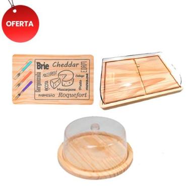 Imagem de Kit 3 pçs Porta frios, Boleira e Tábua de Madeira de Frios com Garfinh