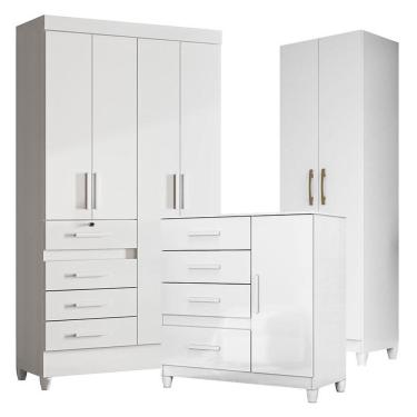 Imagem de Guarda Roupa Infantil Sobral Com Cômoda Vênus Com Pés E Armário Multiuso New íris Branco Brilho - Moval
