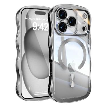 Imagem de UEEBAI Capa para iPhone 17 Pro, linda capa de celular magnética com moldura ondulada compatível com Magsafe capa de proteção completa para câmera macia galvanizada para mulheres e meninas - prata
