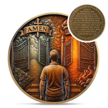 Imagem de Moeda Desafio Cristão Escolha Espiritual - Matthew 7:13 Jesus Religious Token - Believe in Me God Prayer Pocket Bible Verses Chip for Study - Good Luck Faith Gifts for Men Women Kids Colega de