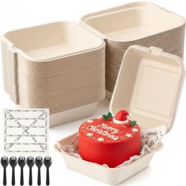 Imagem de Blushtier Pacote com 50 caixas de sobremesa com tampas, papel à prova de gordura e garfos, recipiente de tiramisu de papel de 10 x 10 cm, caixa de bolo descartável em concha de tiramisu para casamento