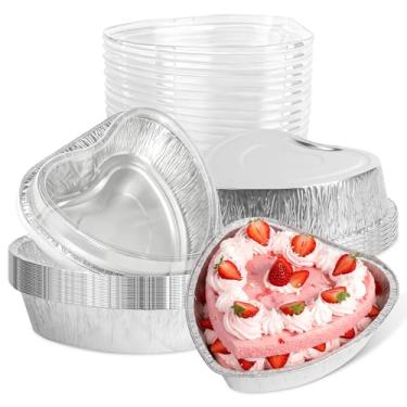 Imagem de Surakey 24 formas de bolo em forma de coração com tampas 765 g 19 cm recipientes de alimentos tamanho grande folha de alumínio descartável cupcake embalagem de alimentos caixas para viagem para dia