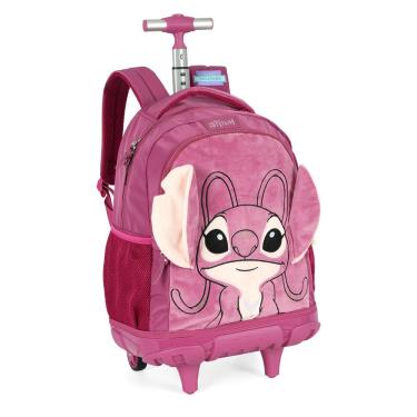 Imagem de Mochila de Rodinhas G Angel Stitch Disney Luxcel | Pink Roxa Pelúcia 3D | Com Orelhas