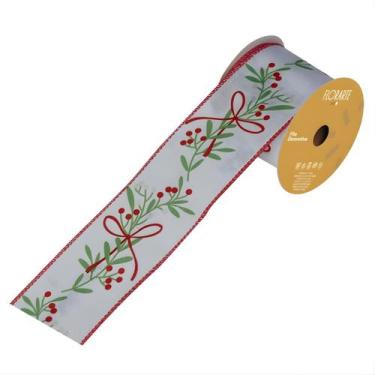 Imagem de Fita Aramada Natalina Ramos Azevinho Vermelho Verde 9m Luxo Guirlanda 