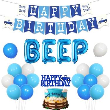 Imagem de Pequeno caminhão azul decorações de aniversário caminhão feliz aniversário bandeira glitter topo de bolo bip bip folha balão banner balões de látex para crianças tema fazenda 1º 2º 3º aniversário