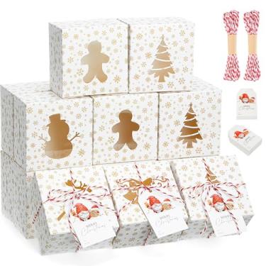 Imagem de Chivertion 48 conjuntos de caixas de biscoito de Natal com janela 10 x 10 x 6 cm caixas de guloseimas de Natal douradas, floco de neve, embalagem de presente de Natal para bolos de padaria, doces