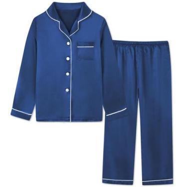 Imagem de Conjunto de pijamas femininos Schbbbta, seda, cetim, azul marinho, tam