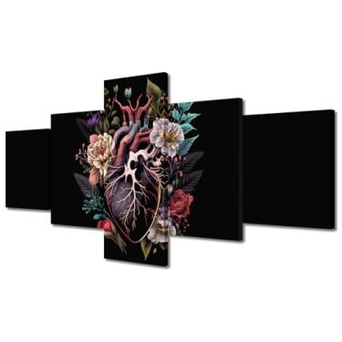 Imagem de TUMOVO Arte em preto e branco para paredes de casa impressões em tela de coração humano 5 painéis arte de parede coração com flor decoração de parede pinturas de arte para decorações de parede arte de