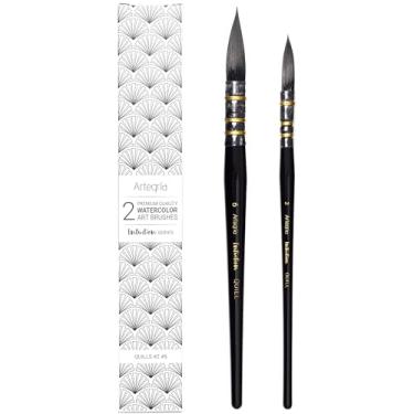 Imagem de ARTEGRIA Conjunto de pincéis aquarela, tamanhos 2 e 6, pincéis profissionais de pena redonda com pontas finas, cerdas de esquilo sintéticas macias, alças curtas