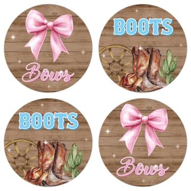 Imagem de FeuuWamme Adesivos de revelação de gênero de cowboy ocidental - 500 peças de botas de caubói de equipe ou adesivos de arco para chá de bebê, 5 polegadas azul menino e menina rosa etiquetas de