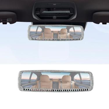 Imagem de Alieemo Espelho retrovisor de carro, strass brilhante HD vidro retrovisor com clipe grande angular, diamante brilhante deslumbrante, acessórios de decoração de interiores de carro universais para