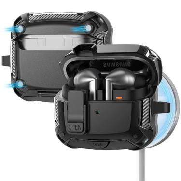 Imagem de Miimall Capa compatível com Galaxy Buds 3 FE (2025)/Buds 3/Buds 3 Pro (2024), capa protetora com mosquetão, capa de PC à prova de choque e à prova de arranhões, carregamento sem fio, preta