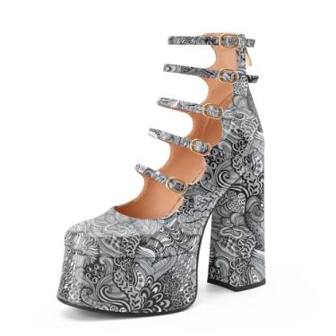 Imagem de Perisis Botas femininas plataforma Mary Janes salto alto bloco grosso cano curto bico fechado botas botas gótico lolita sapatos, Flor preta, 35