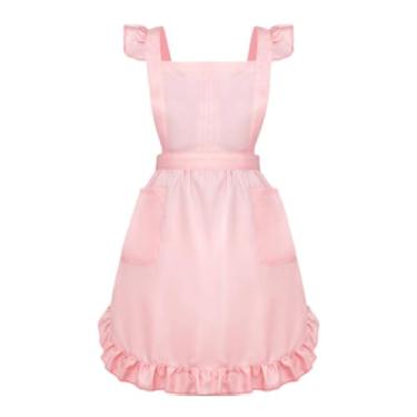 Imagem de ＫＬＫＣＭＳ retrô com babados e bolsos frontais, fofo, para cozinha, limpeza, uso doméstico, restaurante, fantasia ou traje de empregada doméstica, Rosa