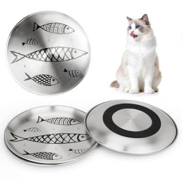 Imagem de 4 tigelas de aço inoxidável para gatos – Prato de comida rasa para gatos com base antiderrapante – tigelas de alimentação fáceis de limpar para gatos internos, comida úmida (padrões, peixes)