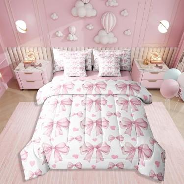 Imagem de Erosebridal Conjunto de edredom infantil de 7 peças com laço rosa em uma bolsa, estilo princesa sonhadora, lençol com estampa de coração romântico, para adolescentes, com laço de coração geométrico,