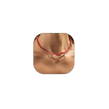 Imagem de liveliwithmin Colar de coração minúsculo com contas douradas para mulheres vermelho/preto/branco com coração de amor, colar feito à mão, joia para presente, one size, Metal, Sem Pedra Preciosa