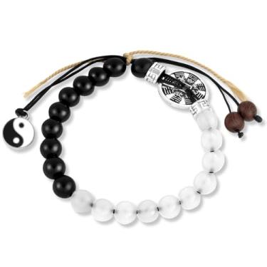 Imagem de PLwelth Pulseira Yin Yang para mulheres e homens, preto e branco, Feng Shui, pulseiras com contas de pedra natural, pulseira ajustável Tai Chi da amizade, feita à mão, estilo chinês, joias de