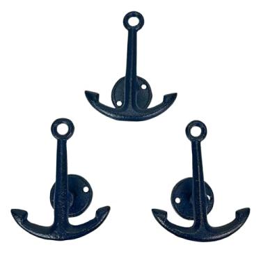 Imagem de Things2Die4 Conjunto de 3 ganchos de parede de âncora de ferro fundido, cabides decorativos náuticos azul marinho para casacos, toalhas, chaves, chapéus – Banheiro costeiro resistente, entrada, quarto