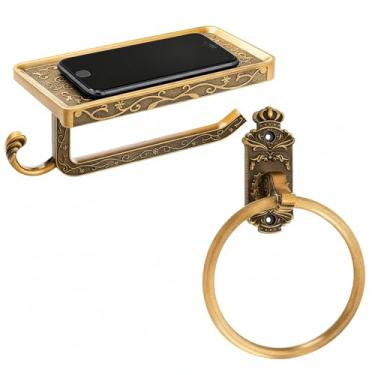 Imagem de LemonRoad 2 peças de suporte de papel higiênico vintage com prateleira e anel de toalha de banheiro latão antigo ouro alumínio conjunto de acessórios de banheiro suporte de parede decorativo cabide de