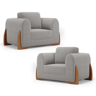 Imagem de Kit 02 Poltronas Decorativas Living Bloom Com Pés De Madeira Bouclê Cinza - Abmaza