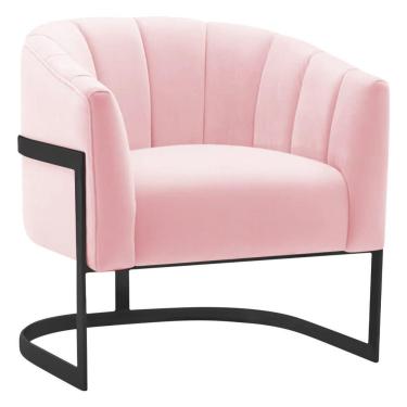 Imagem de Poltrona Decorativa Sala De Estar Recepção Mavie Base De Ferro Preto Suede - Doce Sonho Móveis Cor Rosa Bebê