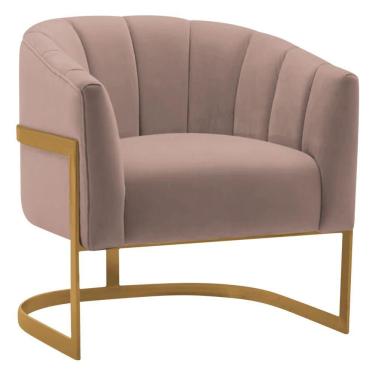 Imagem de Poltrona Decorativa Sala De Estar Recepção Mavie Base De Ferro Dourado Linho - Doce Sonho Móveis Cor Rosê