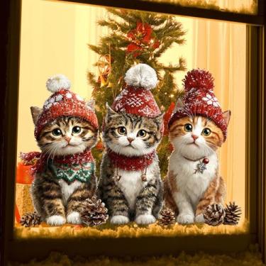 Imagem de Adesivos de janela de Natal adesivos fofos engraçados de janela de gato com árvore de Natal design de sino pequeno decorações de janela estática adesivo decorativo reutilizável para porta de vidro de