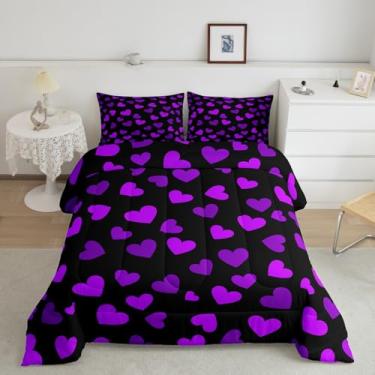 Imagem de Manfei Conjunto de edredom Queen com corações roxos, tema romântico do Dia dos Namorados, para adolescentes e adultos, edredom moderno, roxo, preto, 3 peças, 2 fronhas