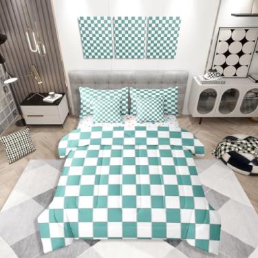 Imagem de Erosebridal Jogo de cama queen azul-petróleo quadriculado turquesa com lençol de 7 peças, para crianças, adolescentes, grades, geométricas, xadrez, decoração de quarto, conjunto de cama guingão