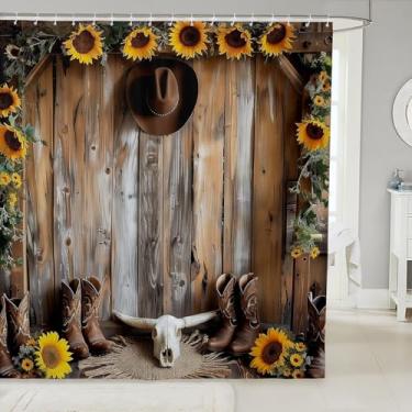 Imagem de Cortinas de chuveiro caubói ocidental chapéu de caubói bota touro crânio cortinas de banheiro cortinas de banheiro retrô de madeira com 12 ganchos ternos, decoração de quarto infantil menino menina