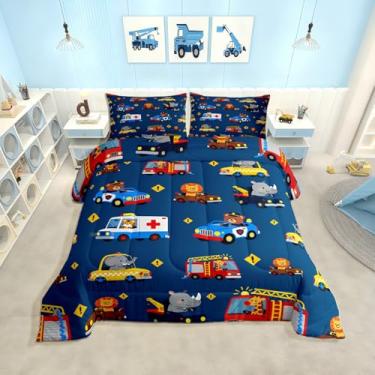 Imagem de Feelyou Conjunto de cama macio para meninos e meninas, carro de polícia, edredom de microfibra, desenho animado, animais engraçados, decoração de quarto, 2 peças com 1 fronha