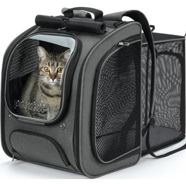 Imagem de Pecute Mochila expansível para gatos, mochila grande para gatos espaciais, respirável para gatos, mochila com sombra para viagens, caminhadas, adequada para compras e veterinário, cinza