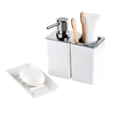 Imagem de Kit Banheiro Arthi com 3 Peças | Dispenser para Álcool ou Sabonete Líquido | Porta Escovas de Dente | Saboneteira para Sabão em Barra | Design Compacto, Funcional e Sofisticado | Lavabos Banheiros