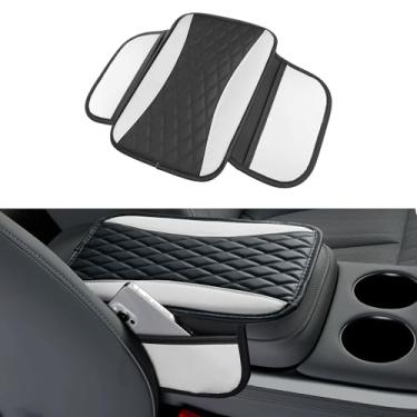 Imagem de Tioollev Capa de console central de carro de couro patchwork, almofada protetora de apoio de braço de carro de couro de microfibra com 2 sacos de armazenamento, almofada universal de apoio de braço de