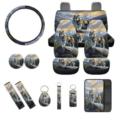 Imagem de gearider Wolf Conjunto de 13 peças de capa de assento de carro com capa de volante, capa de cinto de segurança, capa de apoio de braço, porta-chaves, porta-copos, suporte de batom, ajuste universal