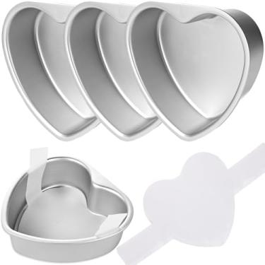 Imagem de Conjunto de 4 formas de bolo em forma de coração com 100 peças de papel para assar, liga de alumínio, antiaderente, formas de assar, de base fixa, para aniversário, dia dos namorados, festa de