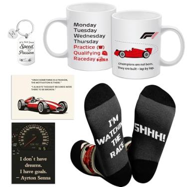 Imagem de EccoDen Conjunto de presente F1 – Caixa de presente para fãs de corrida de mercadoria Fórmula 1 com caneca de cerâmica, meias engraçadas, chaveiro de metal e cartões de citação | Presentes de corrida