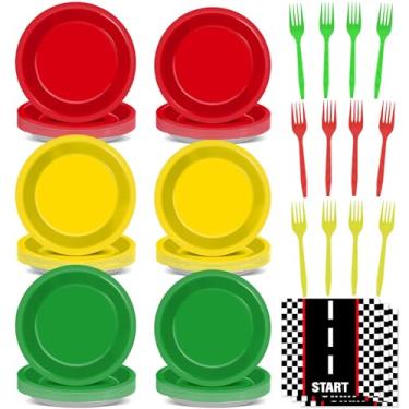 Imagem de Conjunto de pratos e guardanapos para festas de carro de corrida com 96 peças, pratos de pista de corrida, guardanapos, garfos para decoração de festas temáticas de corrida, conjunto de utensílios de