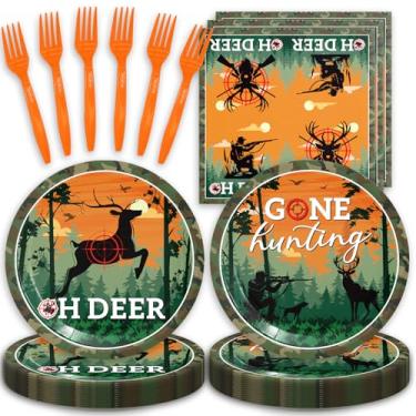 Imagem de 48 peças de decorações de festa de aniversário de caça com pratos, guardanapos, garfos, oh, veado, camuflado, festa de aniversário ou chá de bebê, conjunto para meninos, serve 16