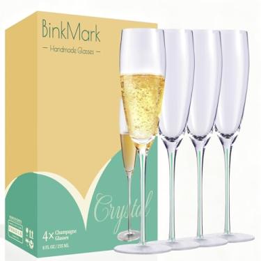 Imagem de BinkMark Conjunto de 4 taças de champanhe de cristal premium sopradas à mão, sem chumbo, fio verde menta com haste, aro fino, uso diário, presente exclusivo de aniversário de casamento ou aniversário