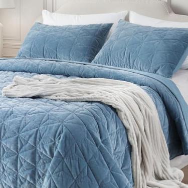 Imagem de DAWNDIOR Conjunto de colcha de veludo duplo de luxo – 172,7 x 218,4 cm, costura geométrica, tripla, camada leve, para todas as estações, com 2 fronhas, azul marinho