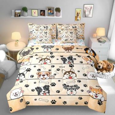 Imagem de Manfei Jogo de cama queen size fofo de cachorro, 7 peças, desenho animado, animais de estimação, todas as estações, 1 edredom, 2 lençóis, 2 fronhas e 2 fronhas