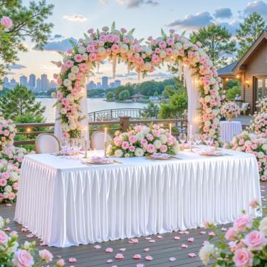 Imagem de Toalhas de mesa retangulares de cetim branco, 2,5 m, com glitter, elastano, elástico, sem rugas, saia de mesa brilhante para casamentos, festas de chá de bebê, banquetes, eventos de fornecedores