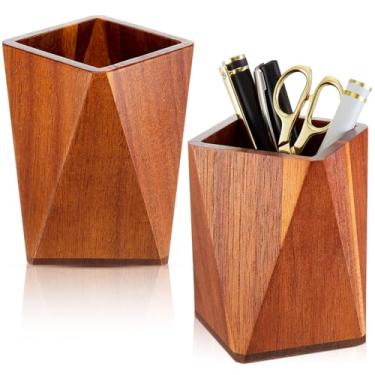 Imagem de Henoyso 2 porta-lápis de madeira, geométrico, organizador de maquiagem, para mesa, escritório, adultos (madeira de acácia)