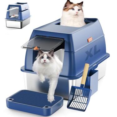 Imagem de RUBLELITIE Caixa de areia para gatos de aço inoxidável com tampa extra grande aberta dupla entrada bandeja de metal fechada com pedais altos colher antiaderente anti-vazamento fácil limpeza para gatos