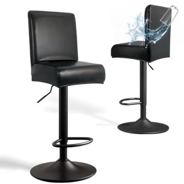 Imagem de Capas de banco de bar de couro PU com encosto, pacote com 2 capas elásticas à prova d'água para cadeira de bar laváveis e confortáveis com costas para decoração de pub/balcão/sala de jantar (preto)