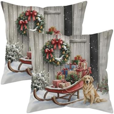 Imagem de Capas de almofada de cachorro de Natal 45,7 x 45,7 cm, capas de almofada impressas em dupla face com cena de trenó de guirlanda de férias, fronhas de inverno para sofá (embalagem com 2)