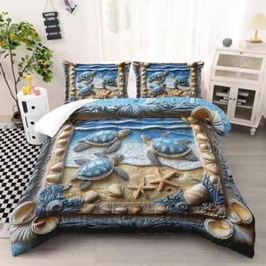 Imagem de AILONEN Conjunto de edredom Queen com estampa de tartaruga marinha azul e conchas 3D e estrela-do-mar + 2 fronhas, 3 peças com tema de praia e animais oceânicos para meninos e meninas